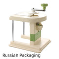 Beige-handled stainless steel vegetable slicer and grater kitchen tool
