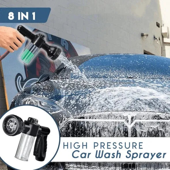 Green high-pressure foam spray gun with adjustable nozzle and attached water pipe for car and garden cleaning.