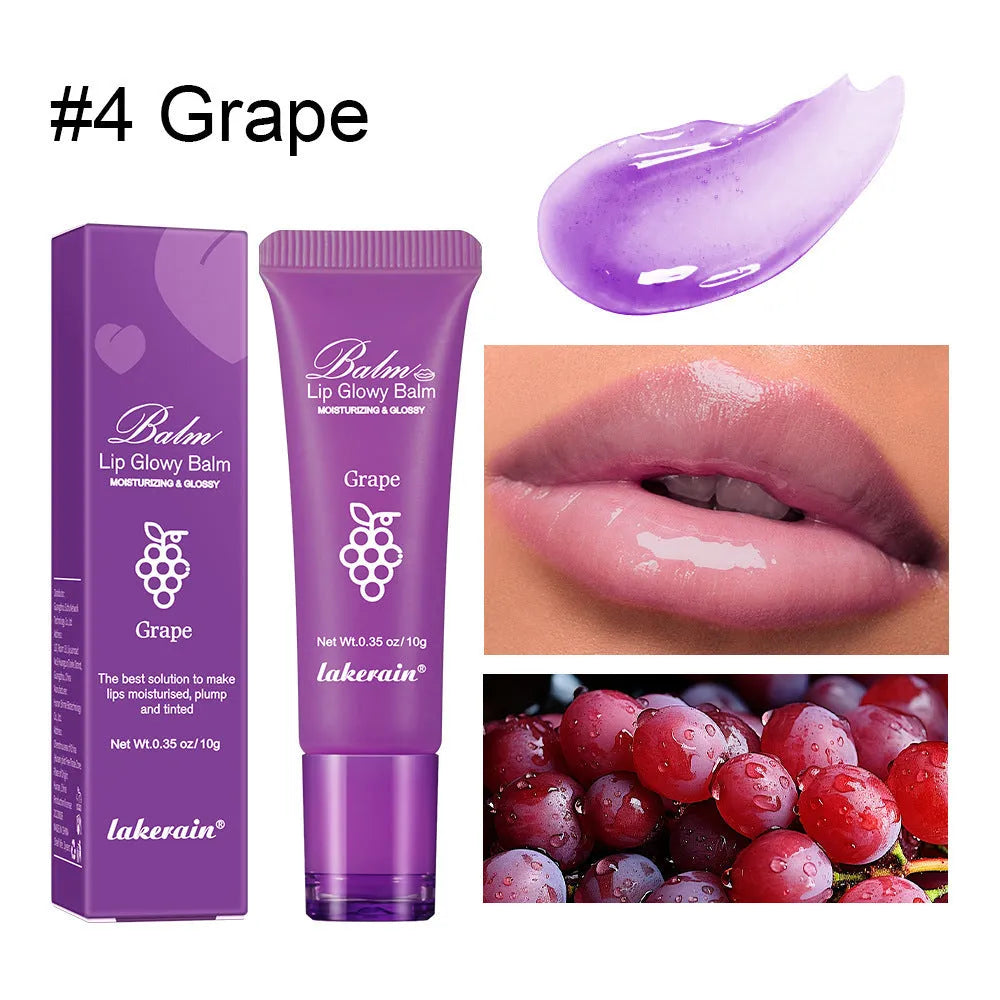 Women's flavoured lip gloss stick in berry, grape, grapefruit, and yellow peach colour options.