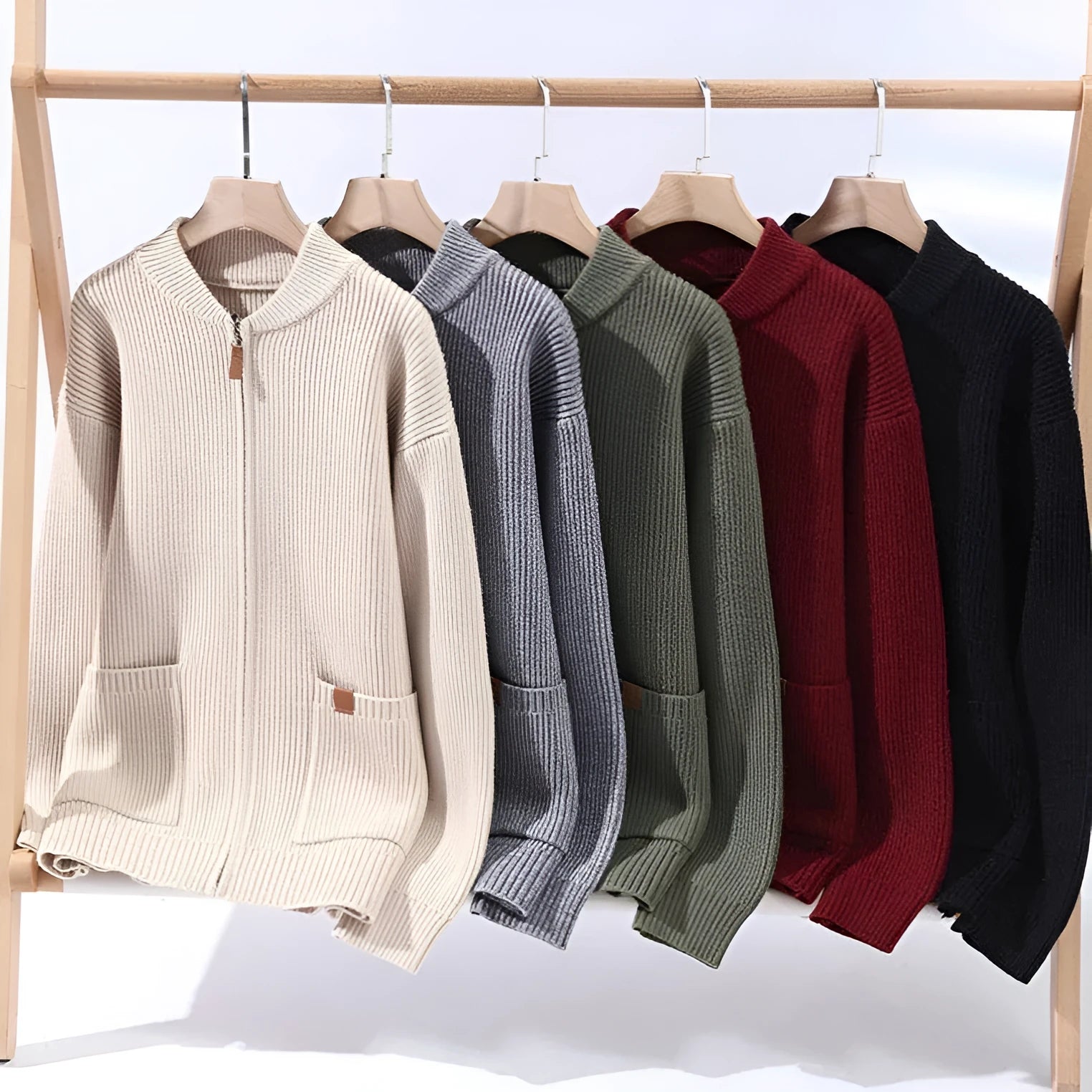 Men's straight-cut sweater cardigan jacket in a chemical fibre blend, shown in available colours.