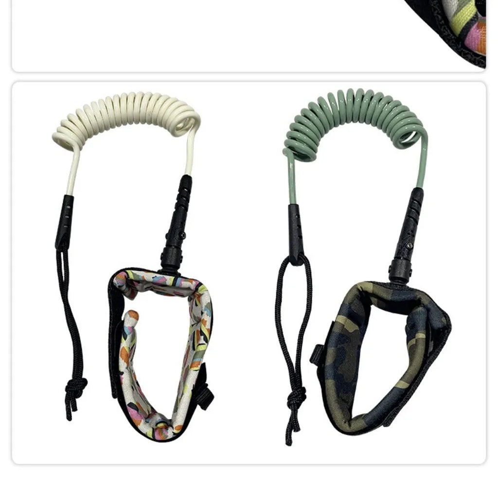Surfboard hand holding rope showing elastic surfboard pulp rope construction with random colour selection