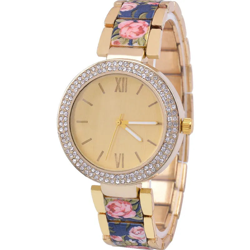 Women's fashion printing steel watch with printed spot drill dial, ordinary glass mirror and stainless steel bottom