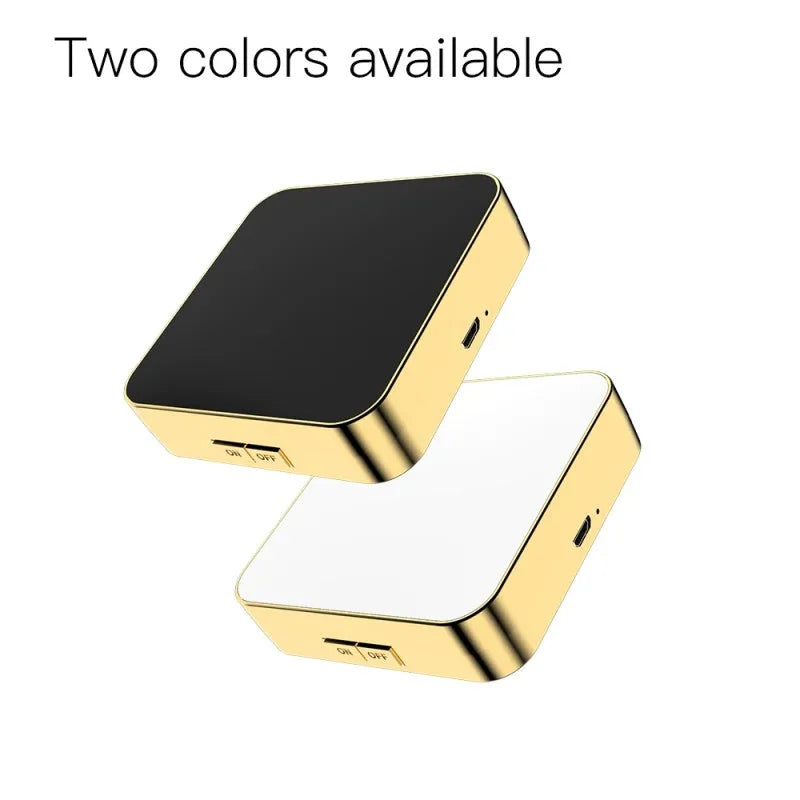 Black and white lighted vanity makeup mirror showing 4x magnifying side and regular mirror with adjustable LED lights.