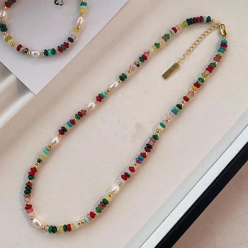 Mixed material dopamine beaded necklace and bracelet set with natural stone, freshwater pearl, glass, resin beads, and mother of pearl pendant