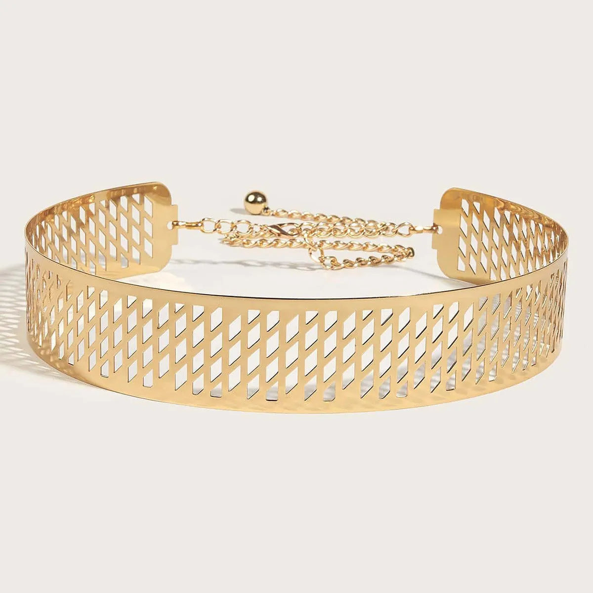 Gold thick waist belt with iron ring design, hook fastening, shown laid flat displaying full 105cm length.