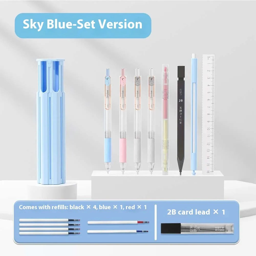 Pressing pen and plastic pencil box set in Sky Blue, Vigorous White, or Girl Pink colour.