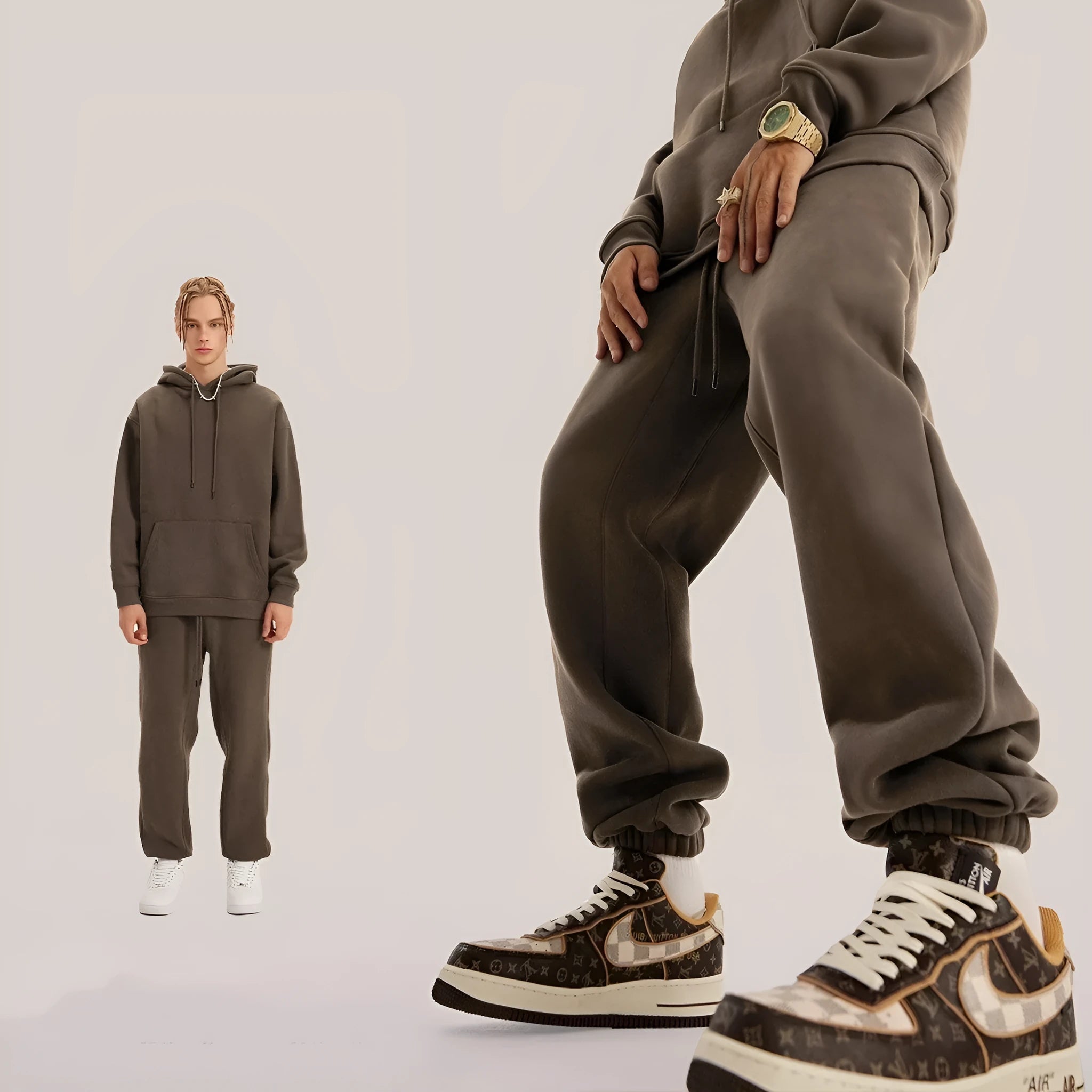 Men's solid colour velvet sweatpants with ankle banded cuffs in cotton fabric