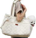 Grey pet carrier handbag with mesh panels showing interior cushion and safety cord attachment