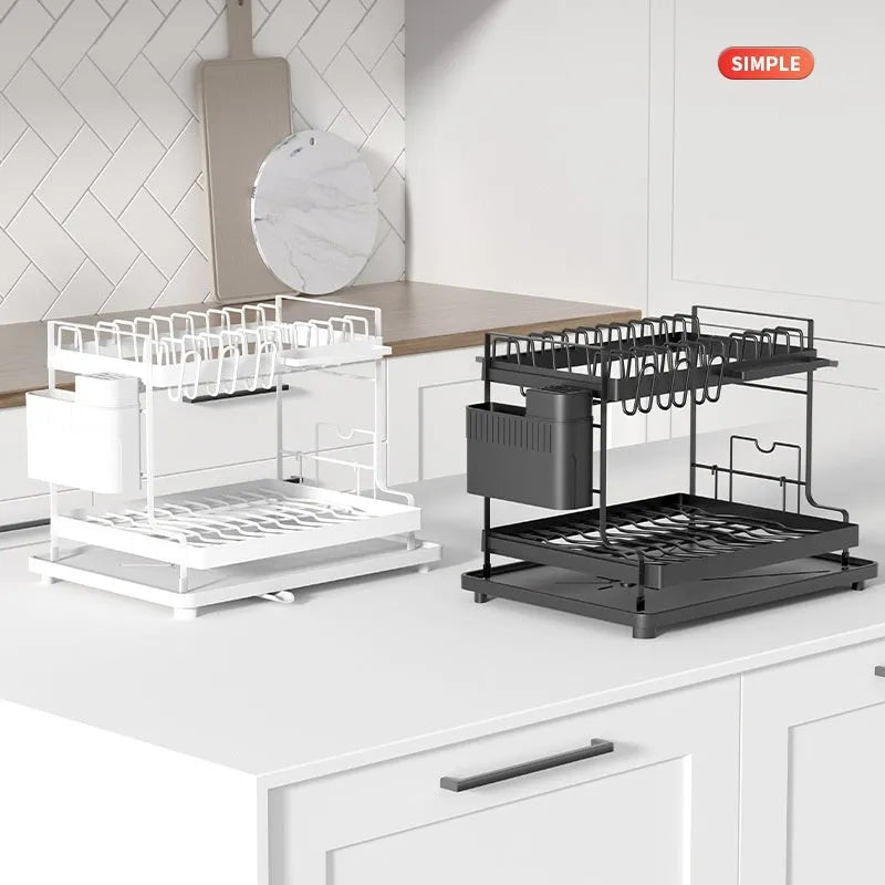 White double layer kitchen storage rack with removable draining section on countertop