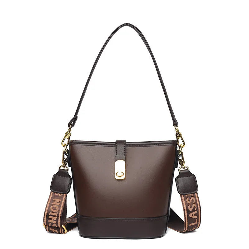 Korean style black bucket bag with multiple compartments and double shoulder straps