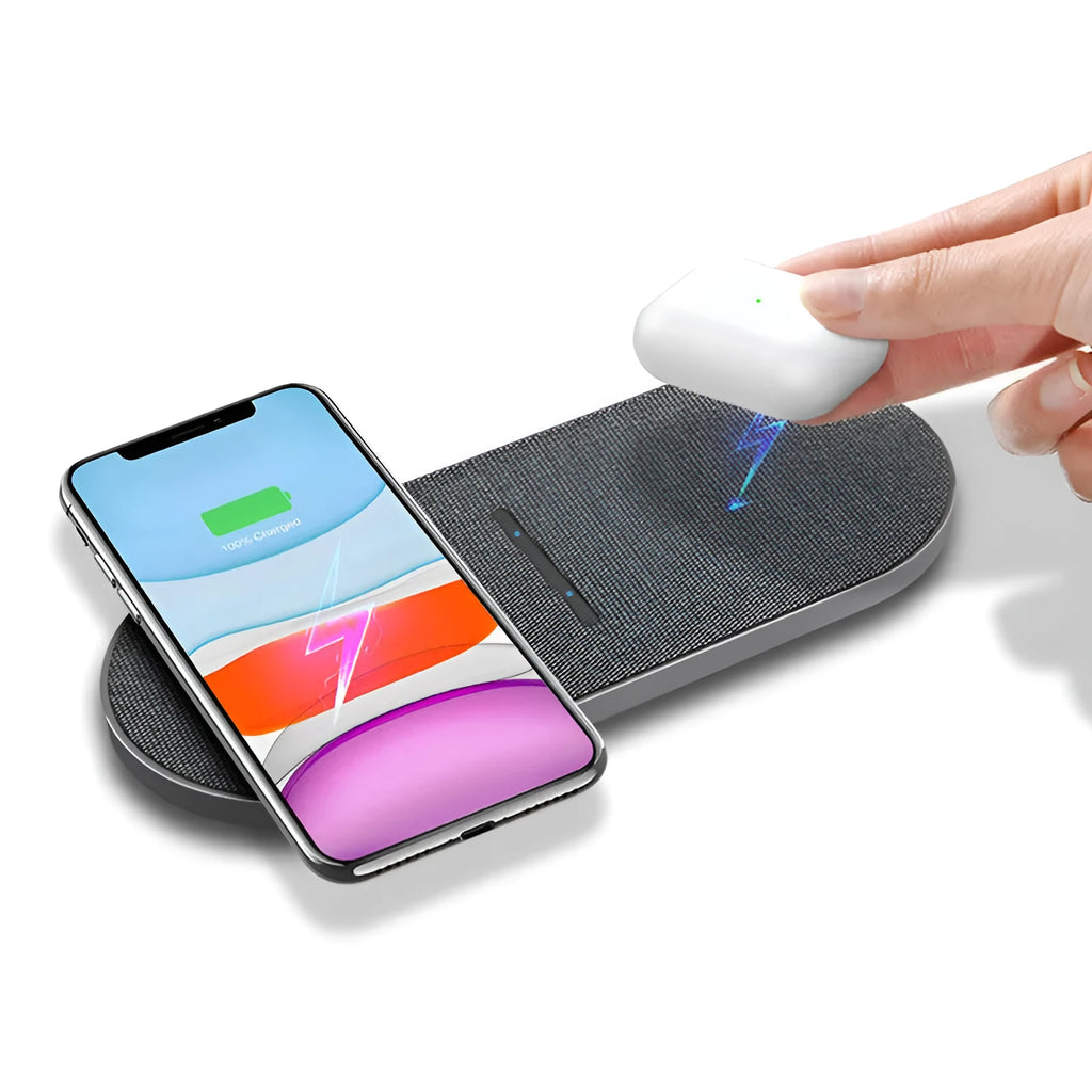 Black dual wireless charging station with two 10W charging pads showing indicator lights