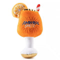 Yellow plush beer bottle shaped squeaky dog toy with teeth cleaning feature