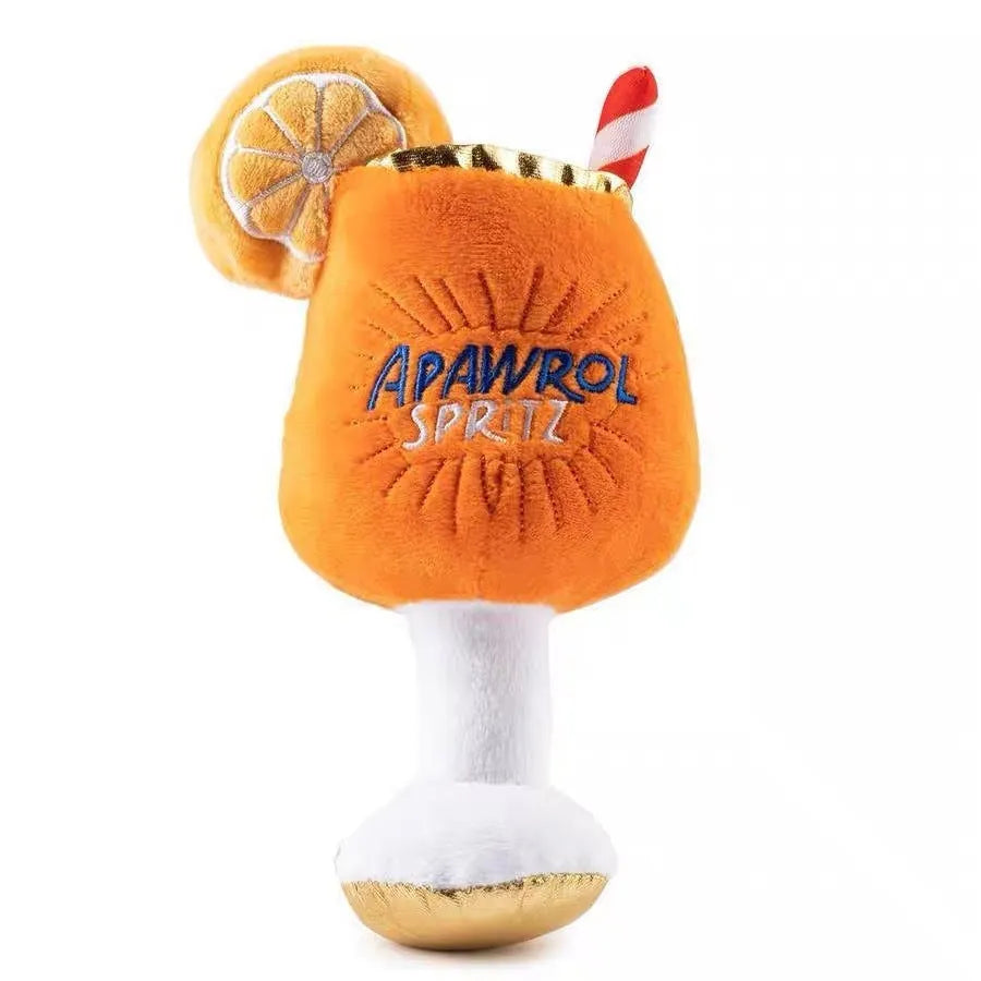 Yellow plush beer bottle shaped squeaky dog toy with teeth cleaning feature