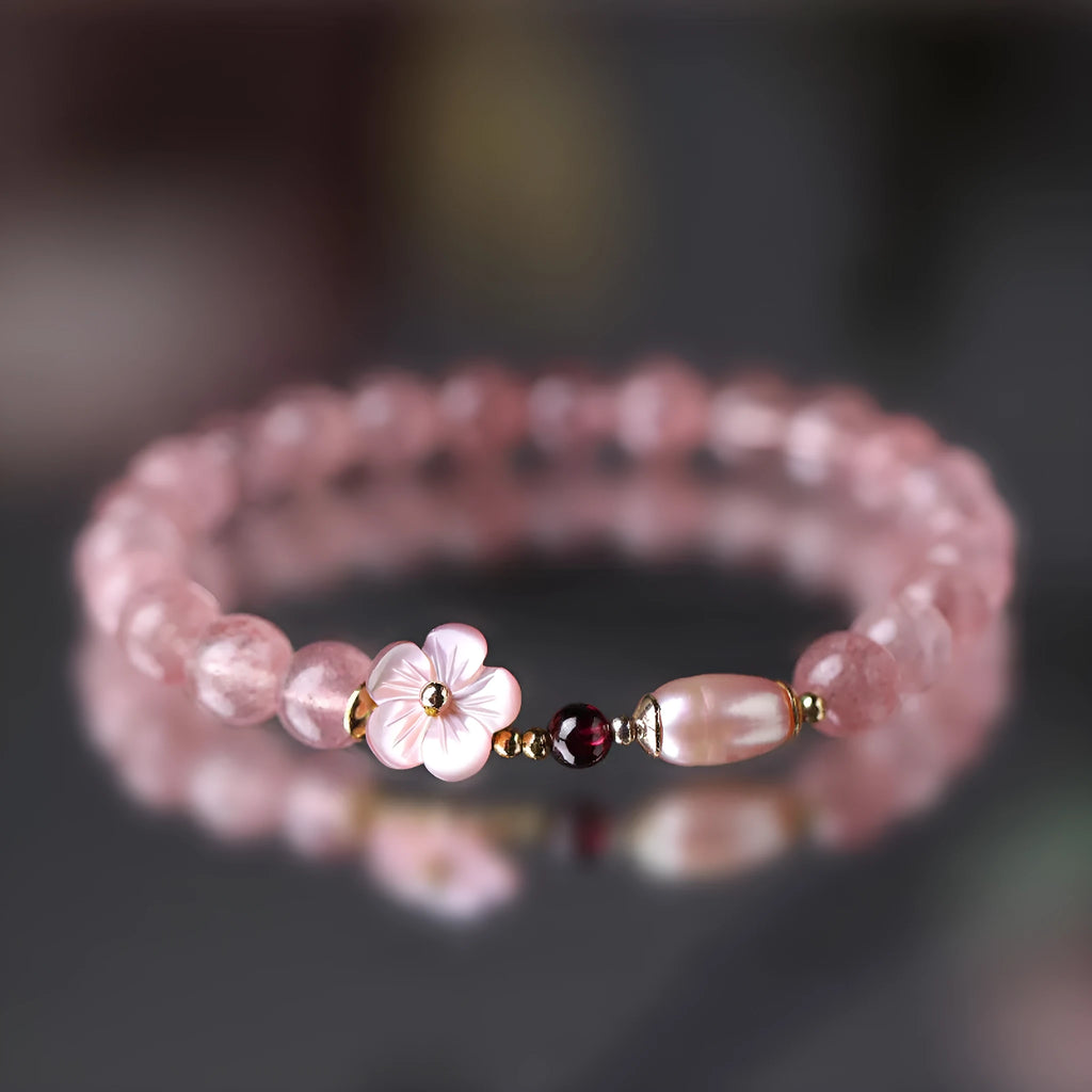Strawberry quartz peach blossom bracelet with flower design crystal beads for women