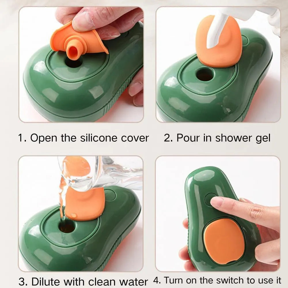 Green and white rechargeable 3-in-1 cat steam brush with silicone teeth and water spray.