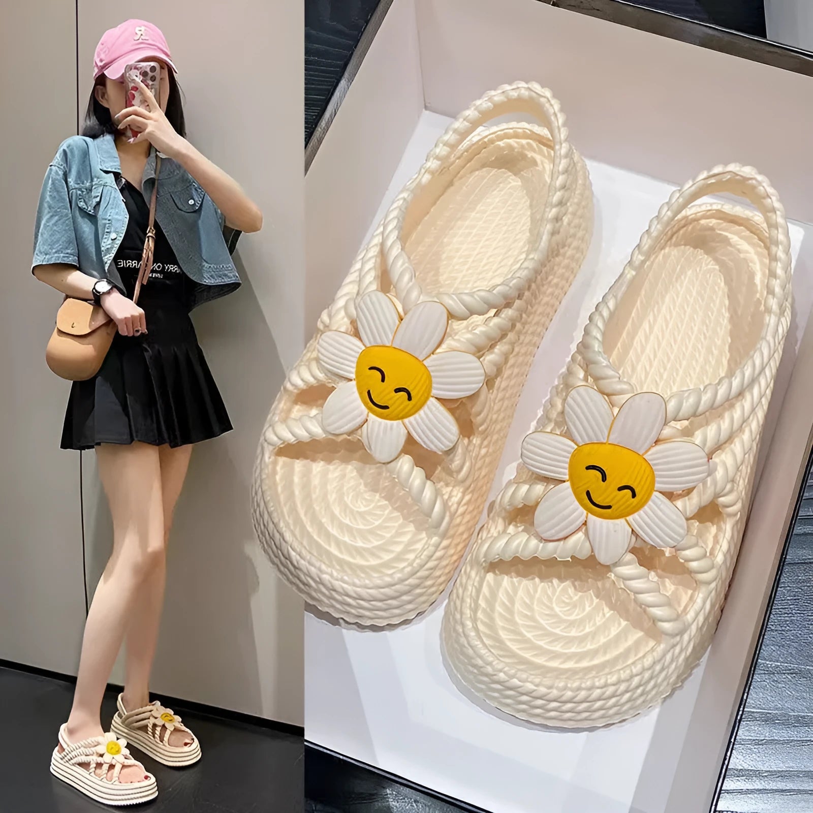 Beige PVC sandals with flower embellishments and a round toe, on a non-slip sole.