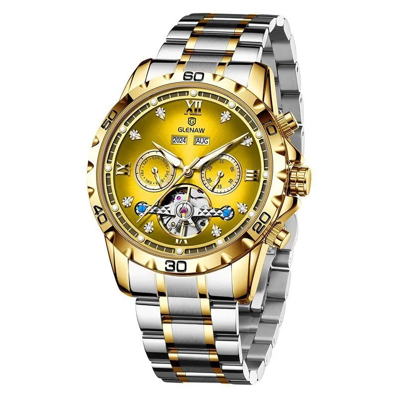 Men's automatic mechanical watch with stainless steel strap showing multiple colour variations