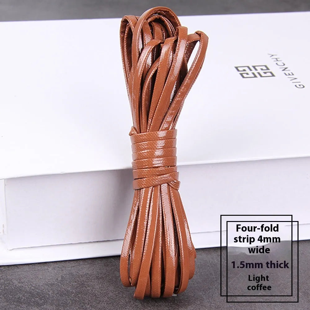 PU leather woven string cord on spool showing black, brown and blue colour options with width measurements