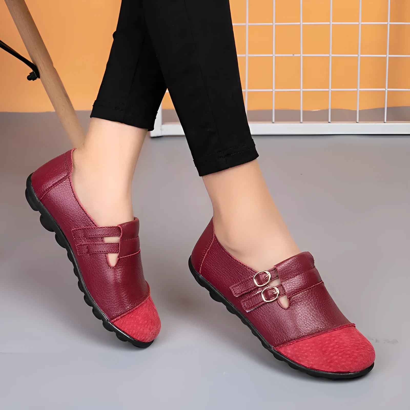 Casual low top flat shoes with Velcro strap in cow split leather, available in multiple colours.