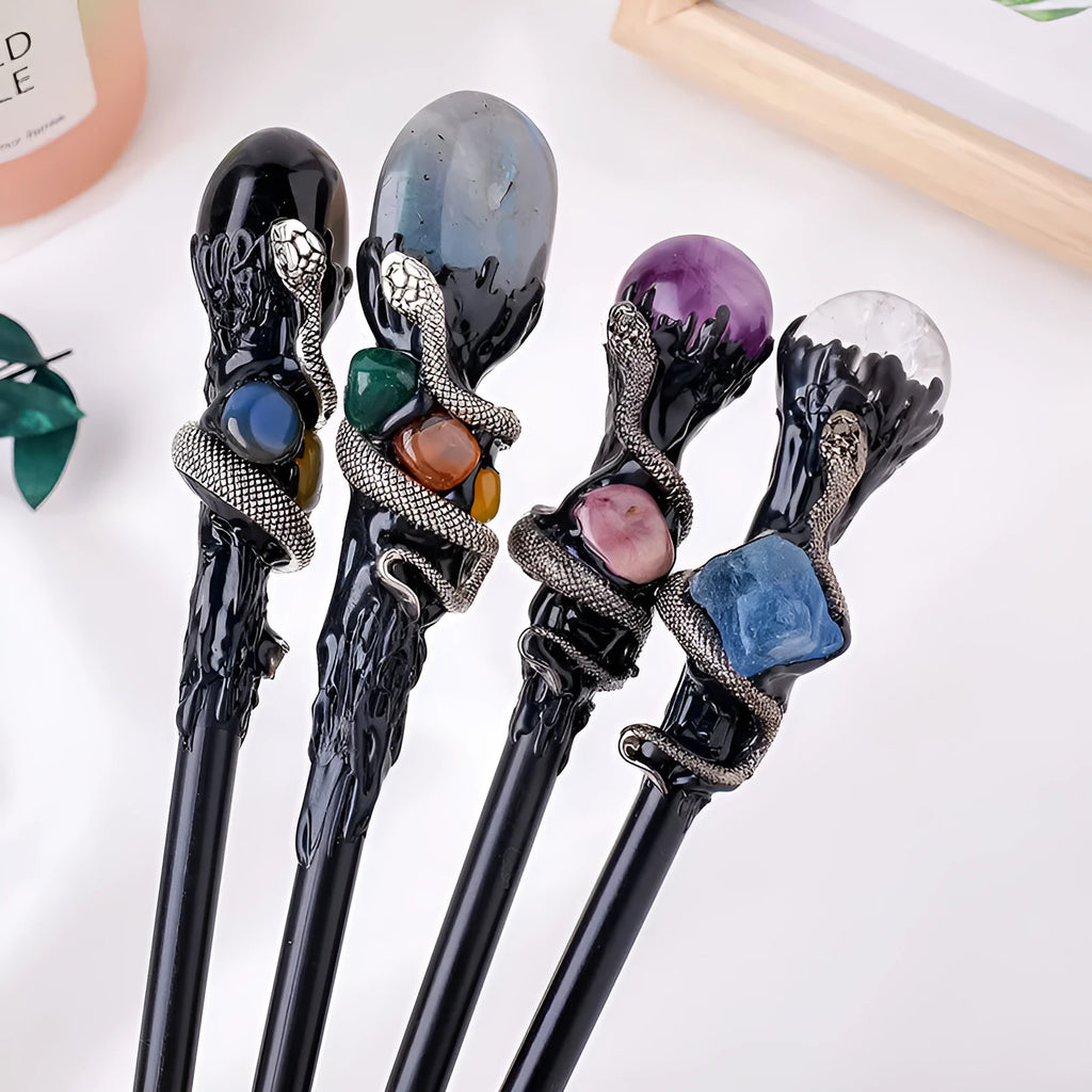 Natural crystal ball magic wand with amethyst stone topper for Halloween prop