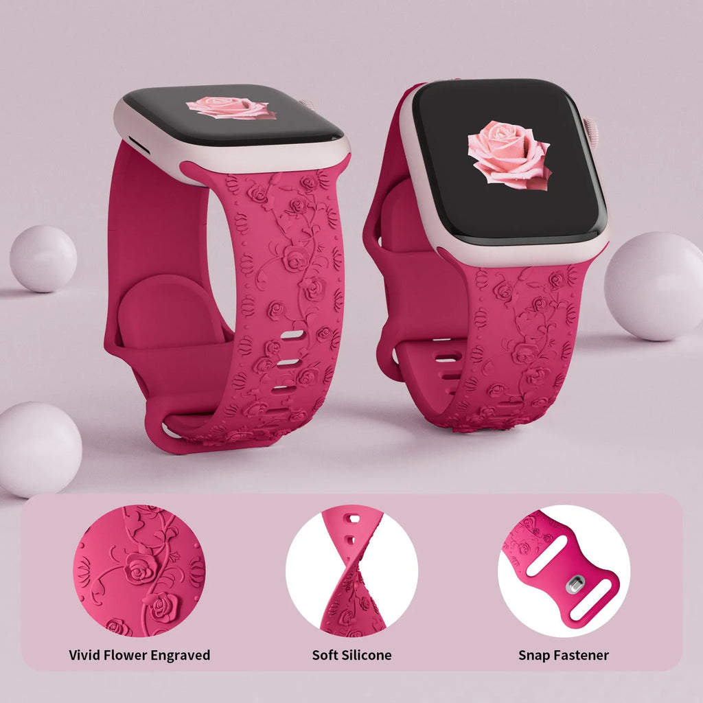 Embossed rose silicone watch strap for Apple Watch 38/40/41mm and 42/44/45mm in multiple colours
