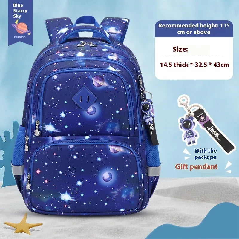 Blue dinosaur pattern children's waterproof school backpack with curved shoulder straps.