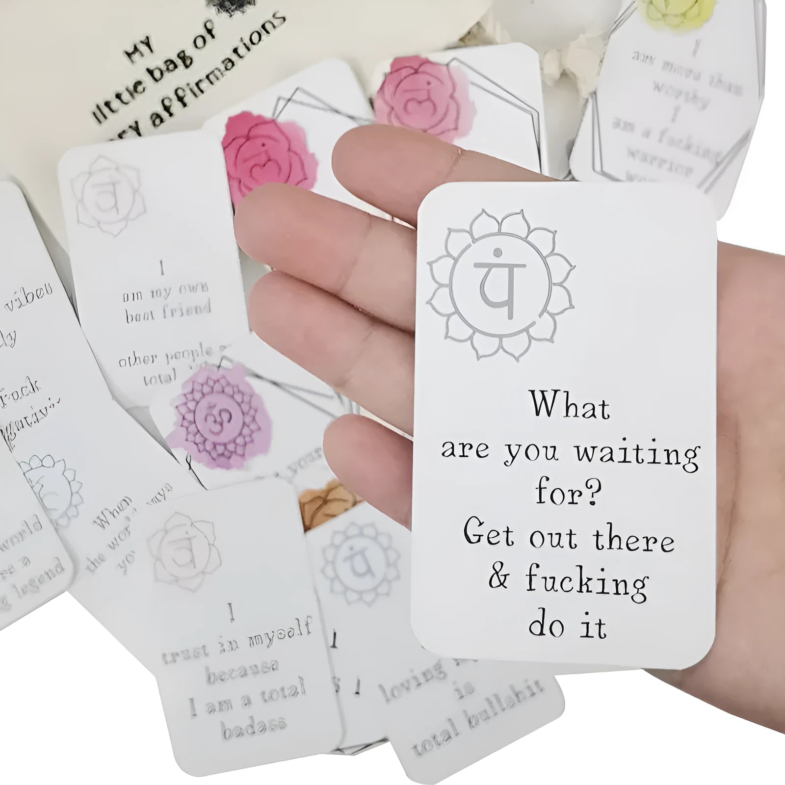 16 colourful affirmation cards with humorous messages in greeting card bag