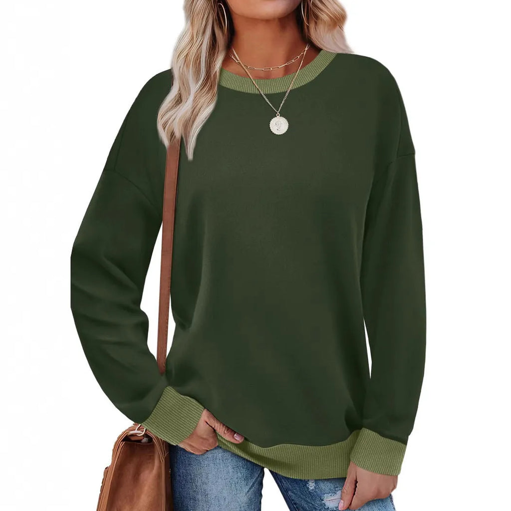 Loose fit round neck striped long-sleeved top for women in khaki, front view
