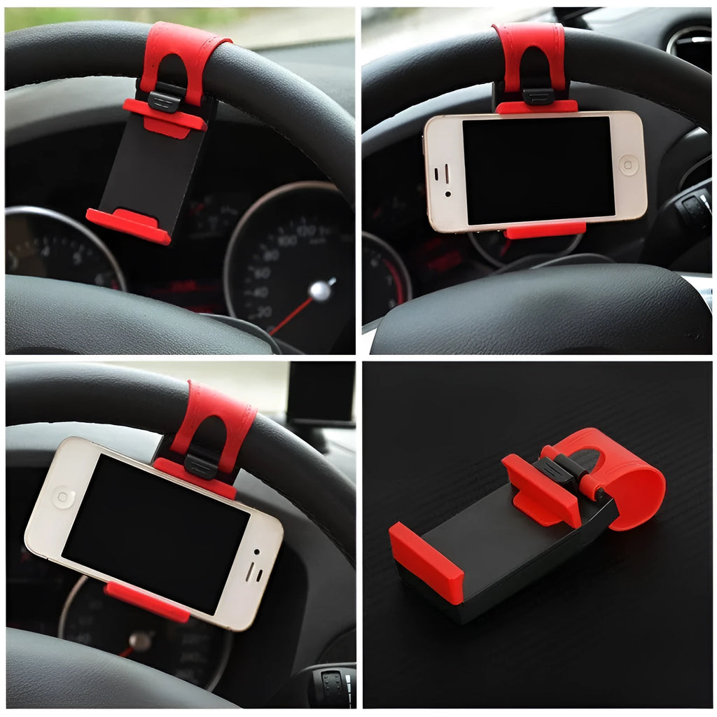 Black universal car steering wheel clip mount holding a mobile phone.