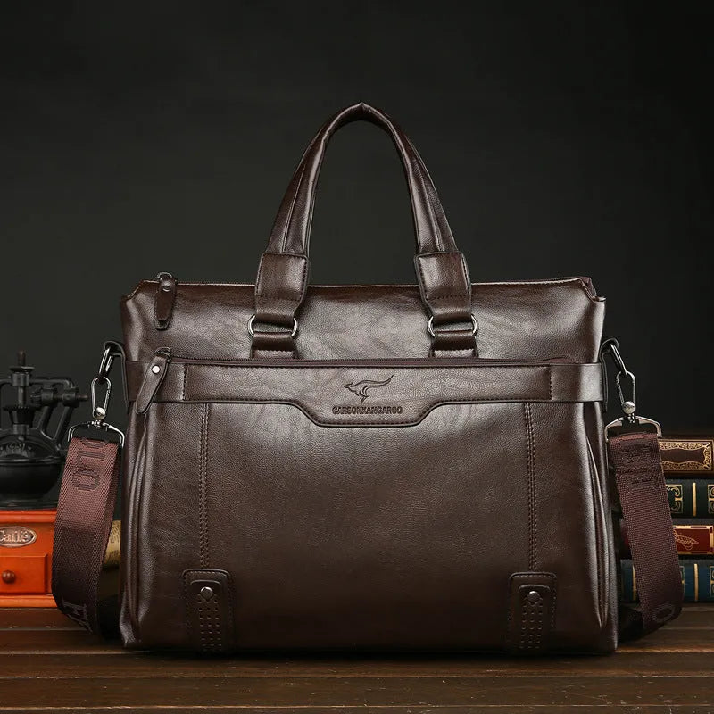 Men's PU leather 14-inch business shoulder bag in black, brown or khaki with three straps and multiple pockets
