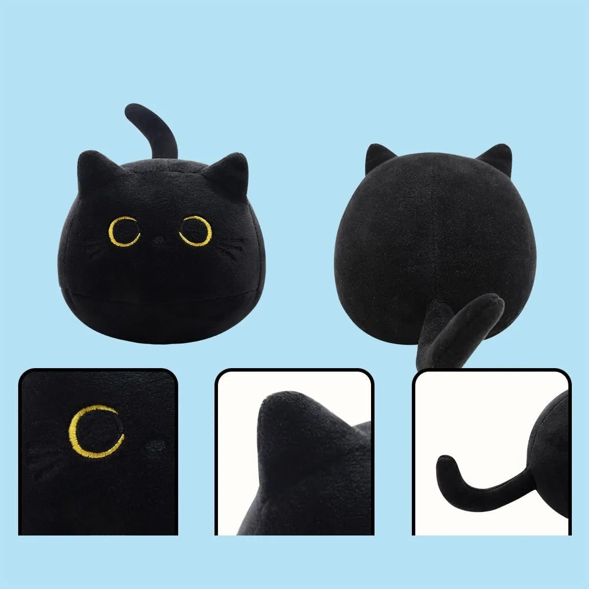 Black fluffy cat plush toy stuffed animal shown as a soft pillow cushion approximately 35cm long.