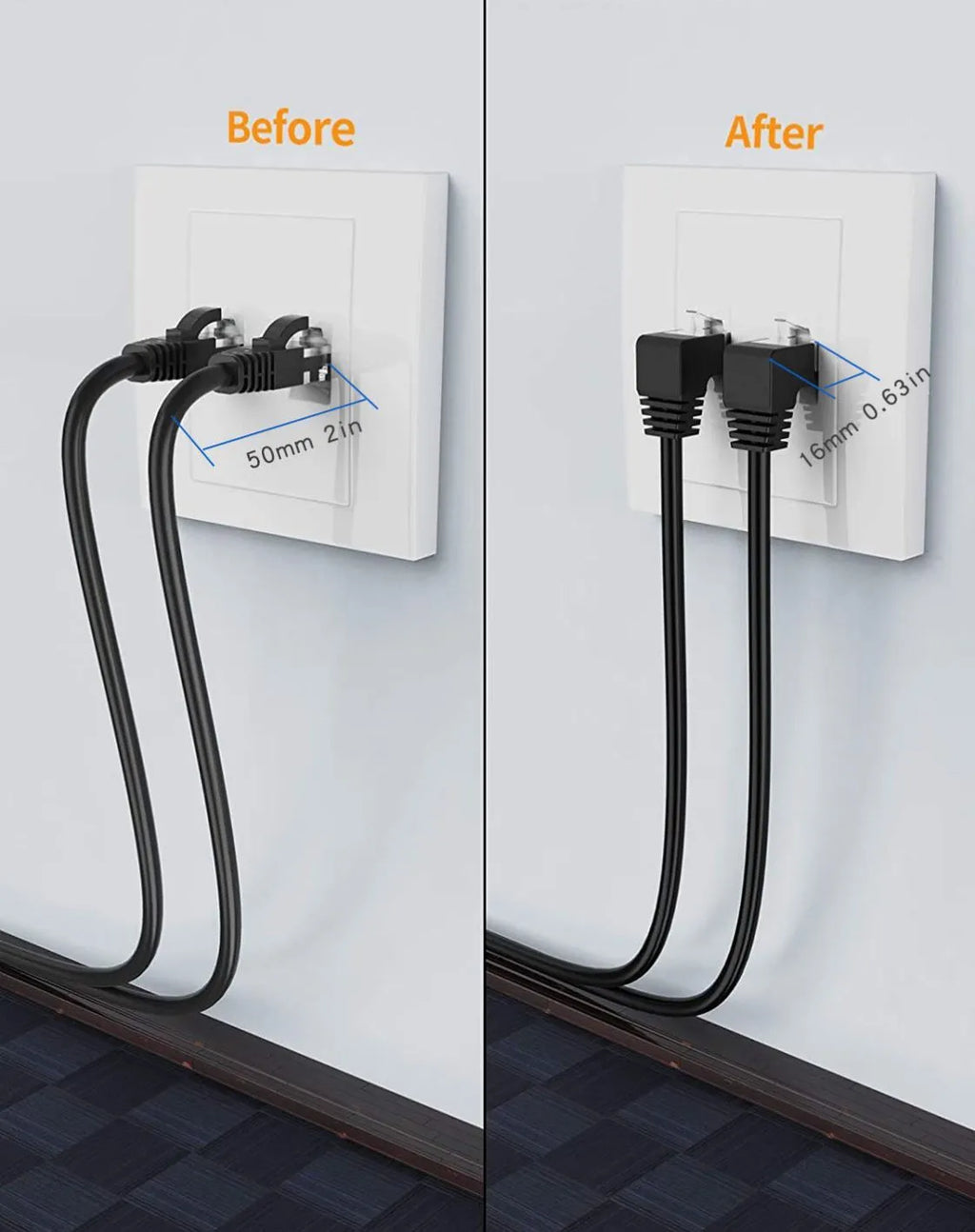 Cat6 Ethernet cable with a black right-angled RJ45 metal connector shown alongside other colour variants.