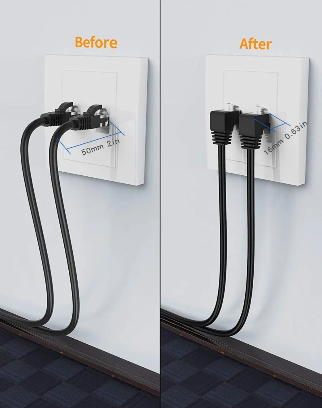 Cat6 Ethernet cable with a black right-angled RJ45 metal connector shown alongside other colour variants.