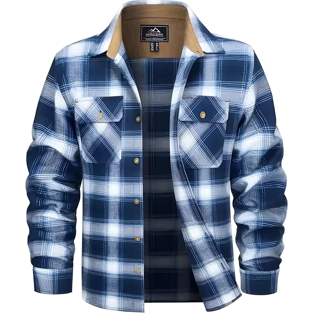 Men's flannel casual button shirt in a plaid pattern, showing cardigan style with long sleeves.