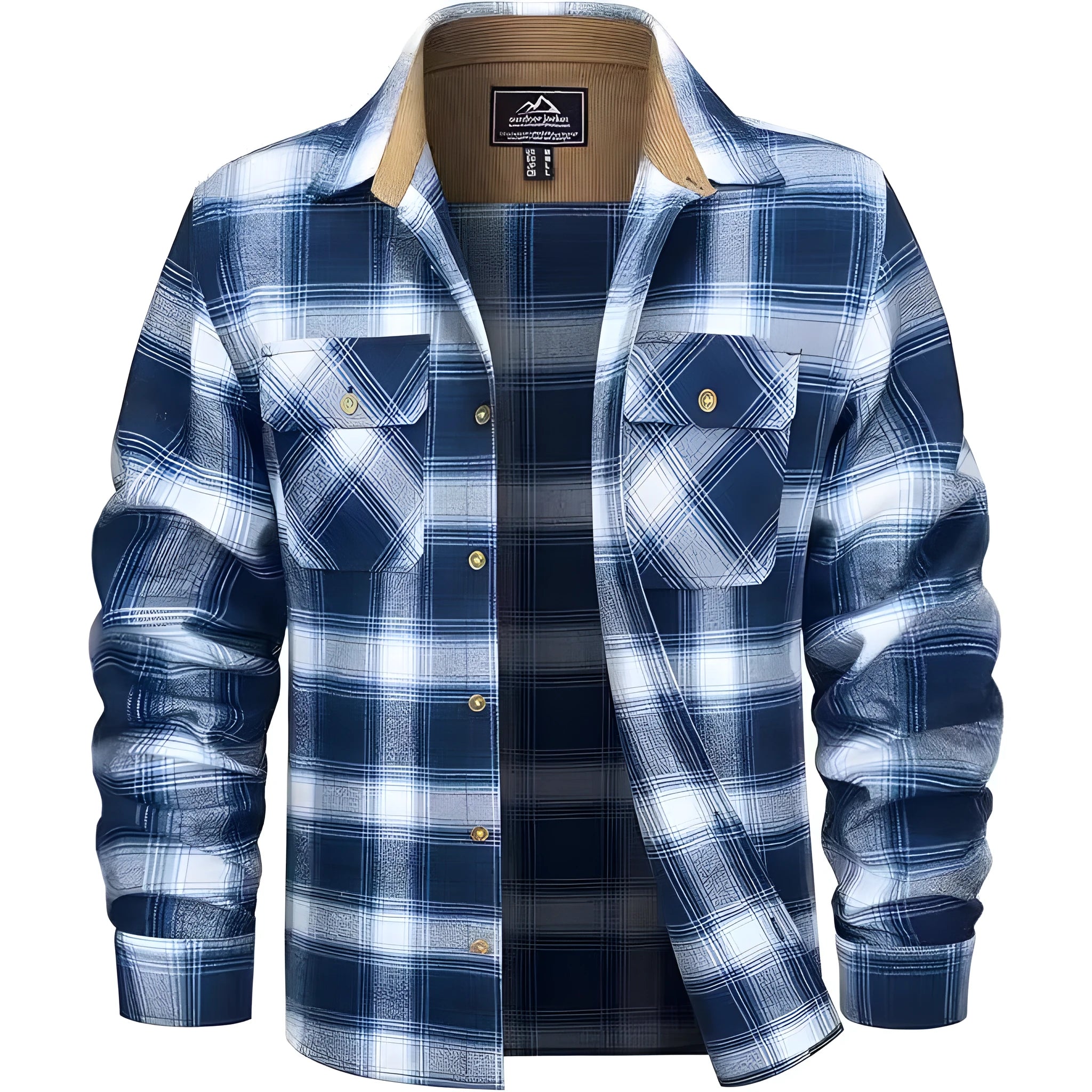Men's flannel casual button shirt in a plaid pattern, showing cardigan style with long sleeves.