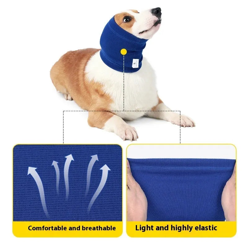 Blue polyester dog headband scarf shown on a dog, casual style, size options available.
