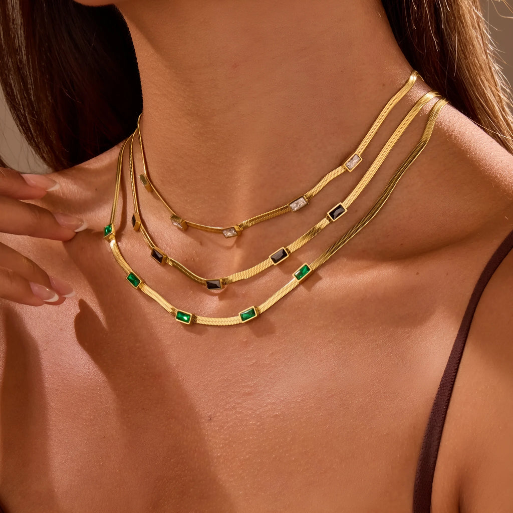 Retro geometric square zircon stainless steel necklace with flat snake chain in gold or steel colours