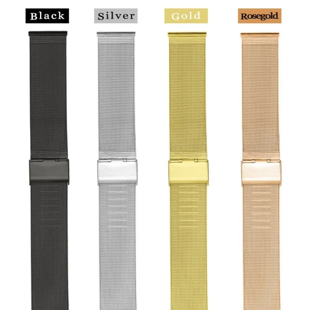 Milani silk woven stainless steel watch band in silver, showing quick-release pins and textured weave.