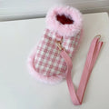Pink polyester cat cloak costume with beret and hand-holding rope harness for walking control