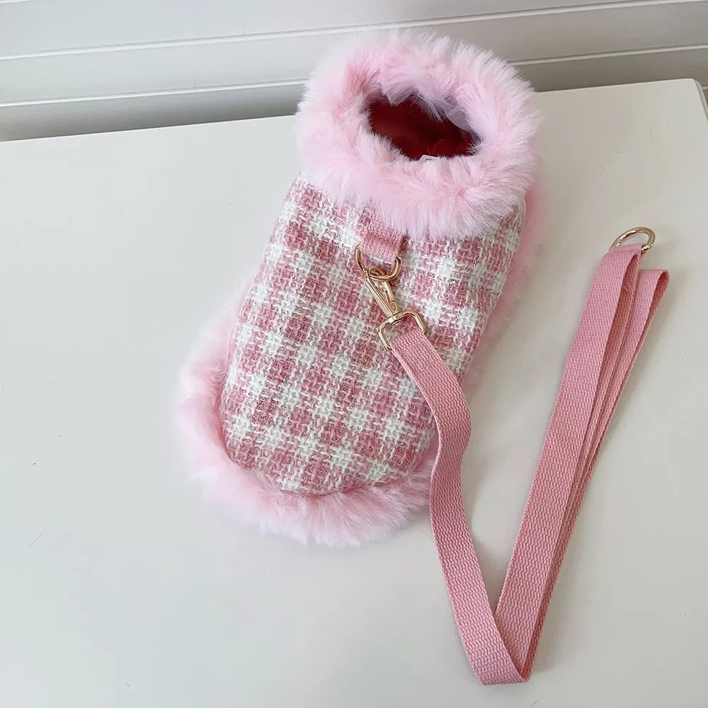 Pink polyester cat cloak costume with beret and hand-holding rope harness for walking control