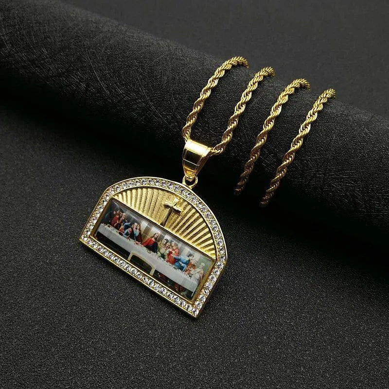 Titanium steel gold-plated thirteen apostles pendant necklace with gang drill texture on black background