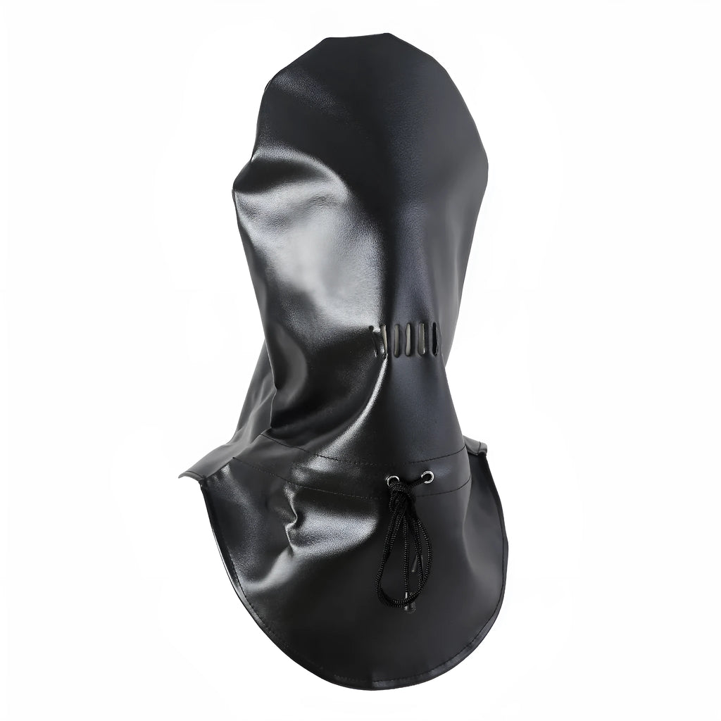 Black leather BDSM mask with adjustable strap for breathable adult training