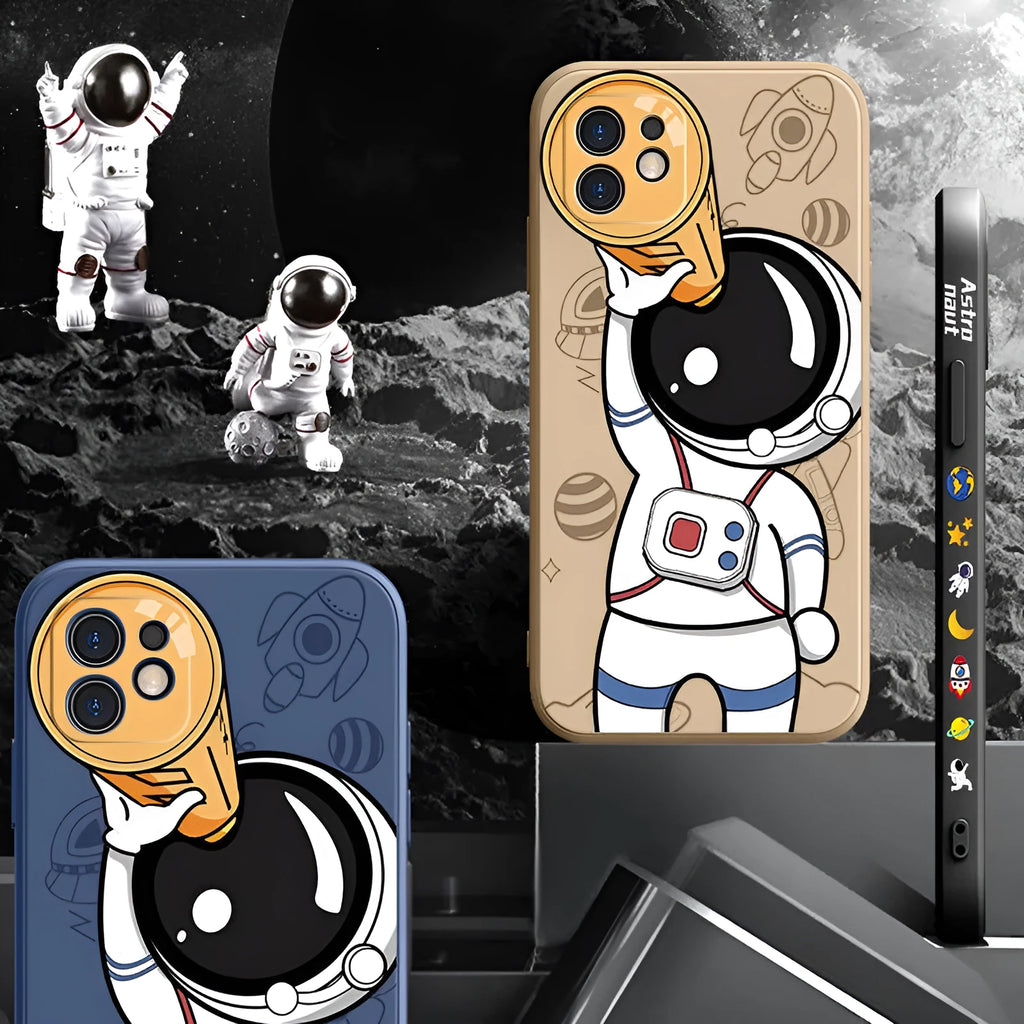 Cartoon astronaut silicone phone case for iPhone in black, khaki, or blue with telescope design