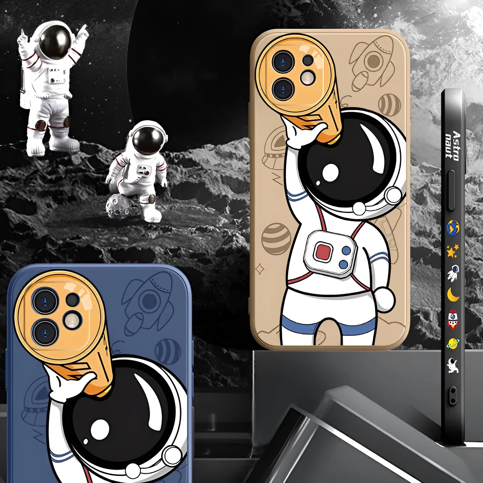 Cartoon astronaut silicone phone case for iPhone in black, khaki, or blue with telescope design