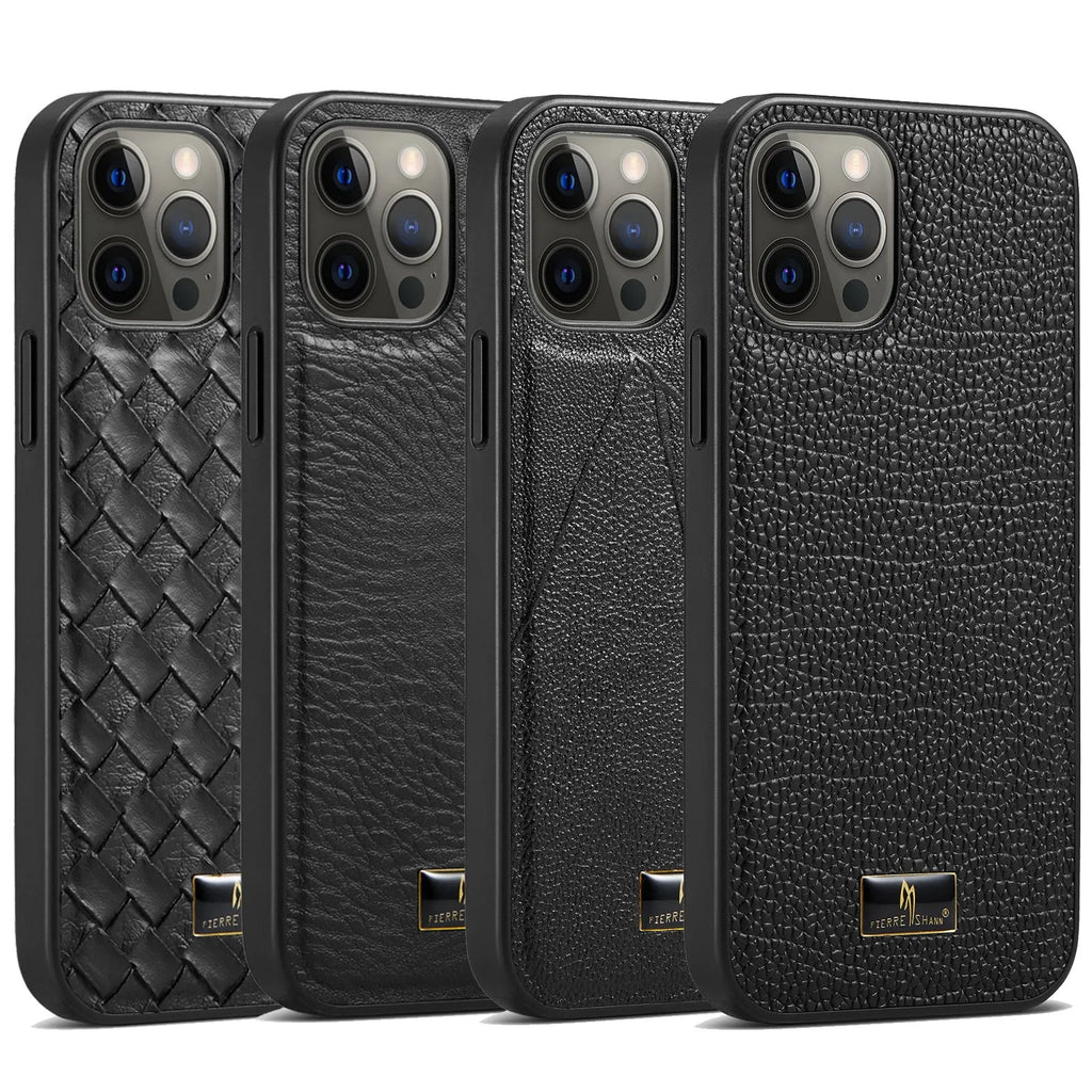 PU leather back cover phone case for Apple iPhone in black, handmade, simple business style.