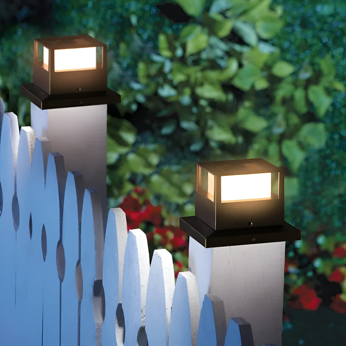 Outdoor solar pillar lamp, IP44, 160mm x 160mm x 110mm, abstract design, available in Black or White for courtyard and garden use.