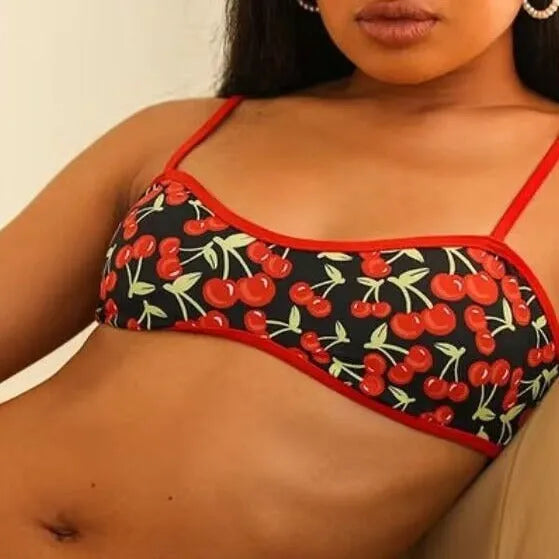 Women's cherry print tube top bikini set in polyester fabric with briefs style bottom