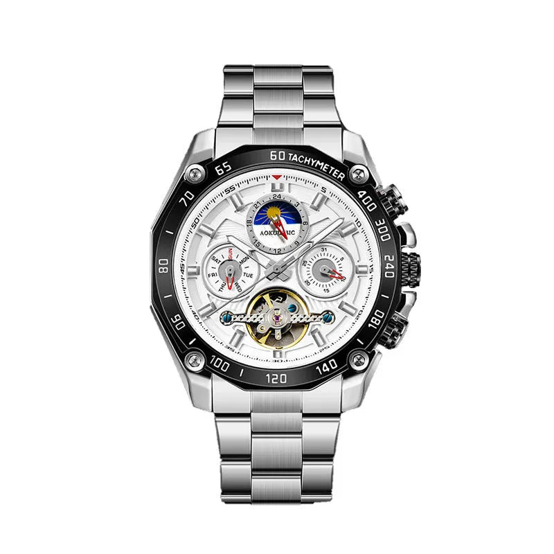 Men's automatic mechanical watch with stainless steel case in black, gold, or silver finish.