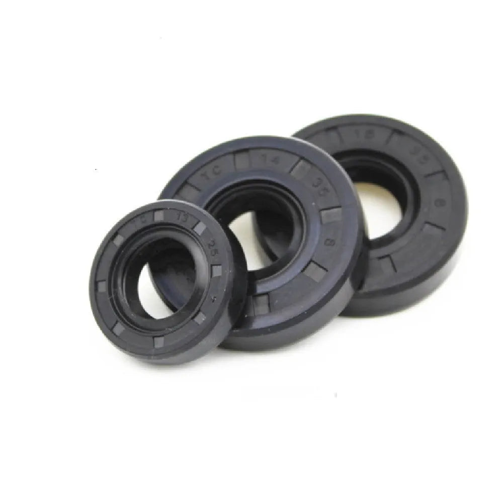 AG100 motorcycle rubber engine oil seal kit showing multiple black seals with carbon steel frames