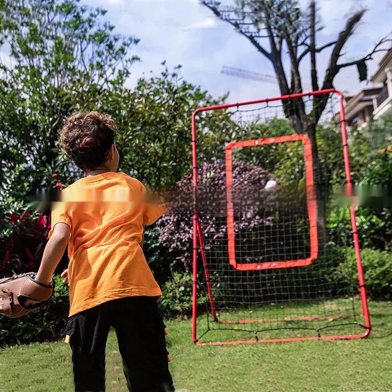 Red adjustable portable baseball training net with metal frame, shown folded to 95x16x14.5cm.